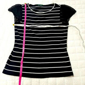 Lauren Ralph Women's Shirt Med Black W/ White Stripes Sheer Sleeve